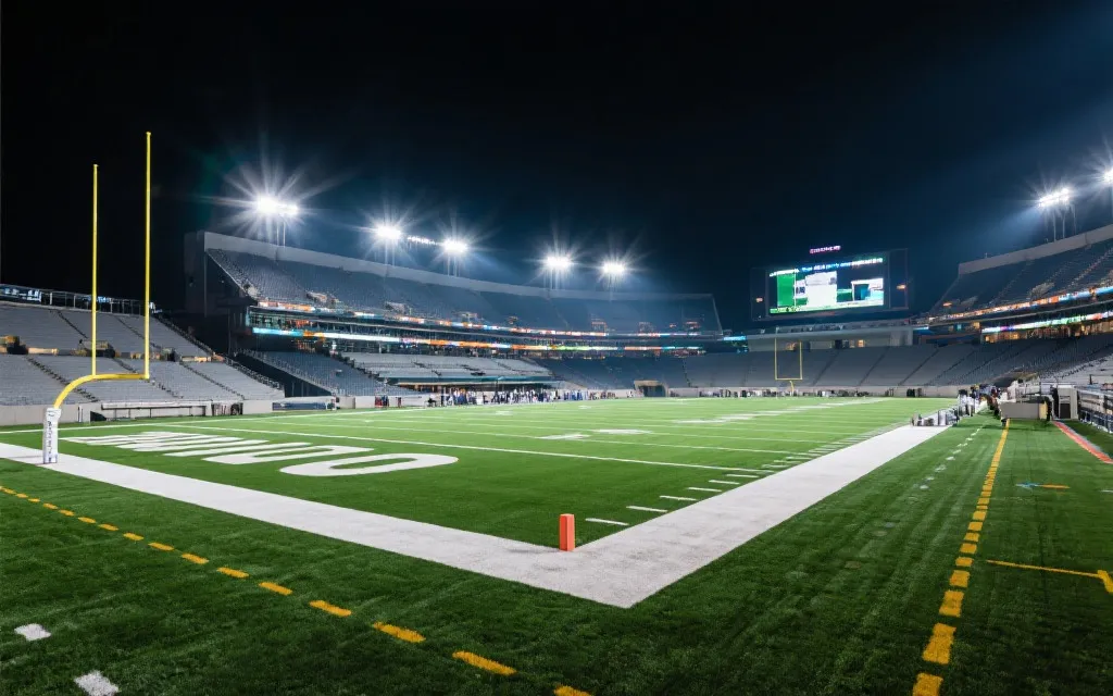 北美大型现代球场夜景与灯光，世界杯氛围