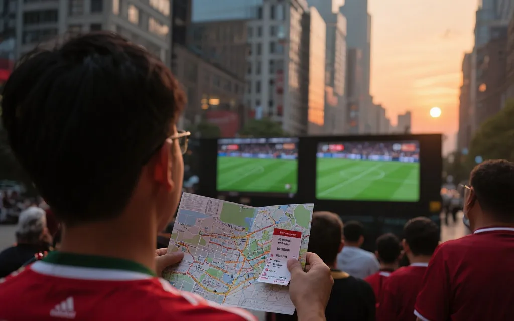 球迷在城市街头看比赛回放，手拿地图与球票，夕阳下的洛杉矶氛围，纪实旅行摄影
