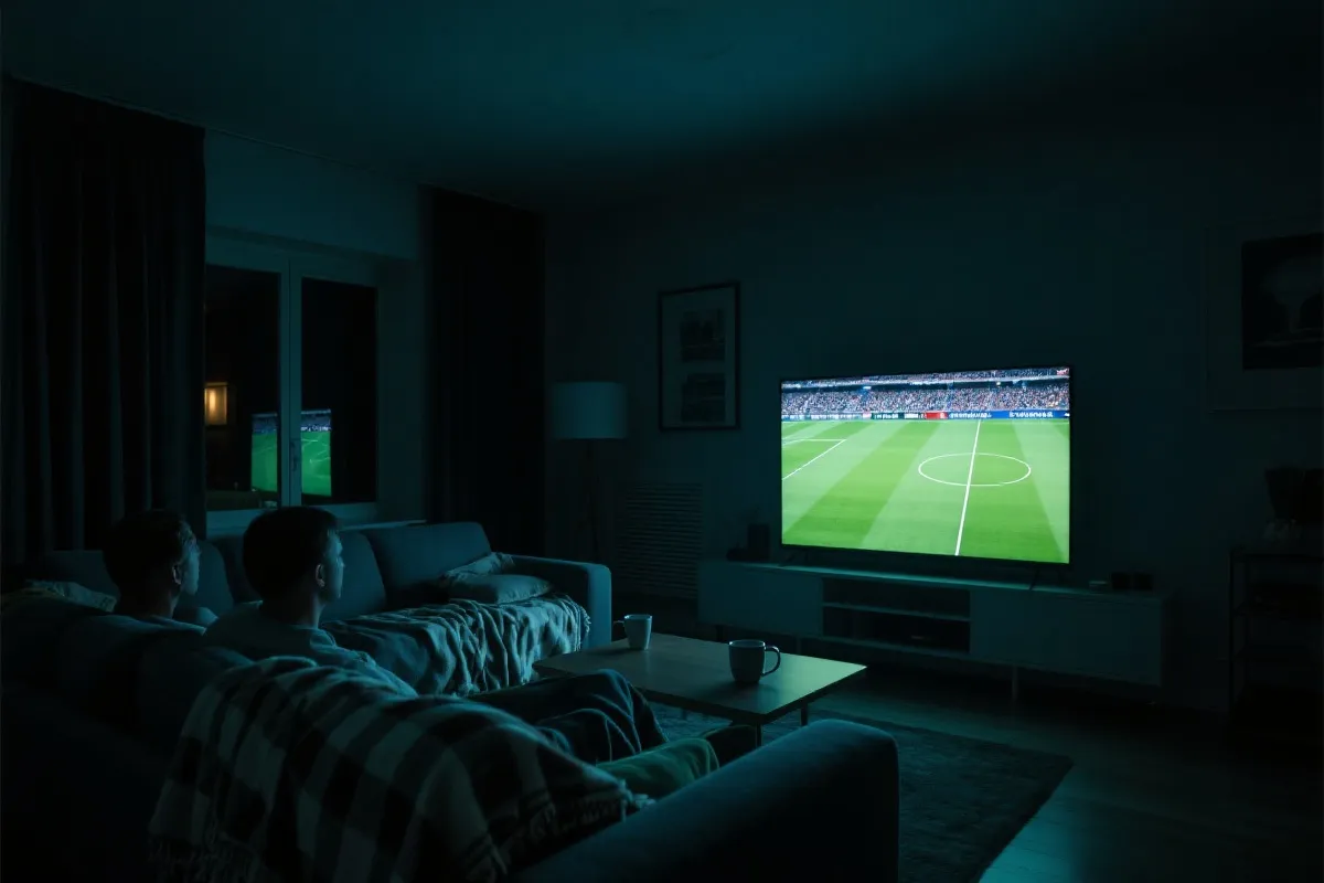 世界杯淘汰赛夜晚观赛的客厅氛围与电视光影