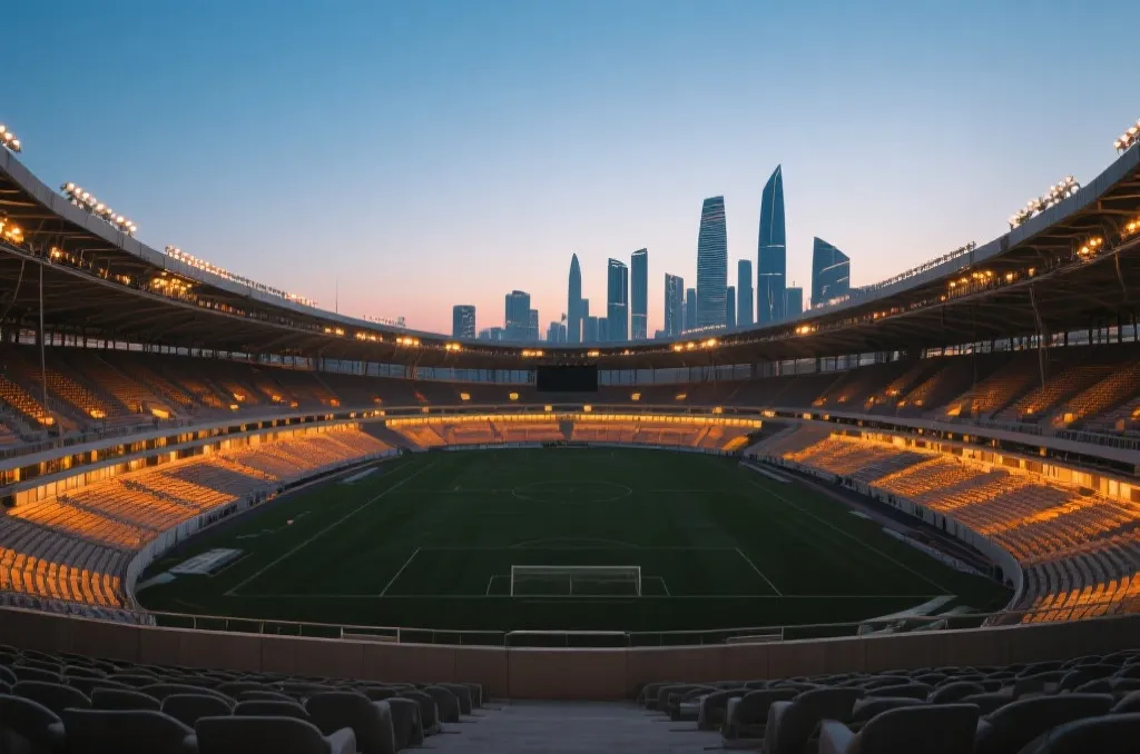Modern massive soccer stadium illuminated at night with a distant city skyline